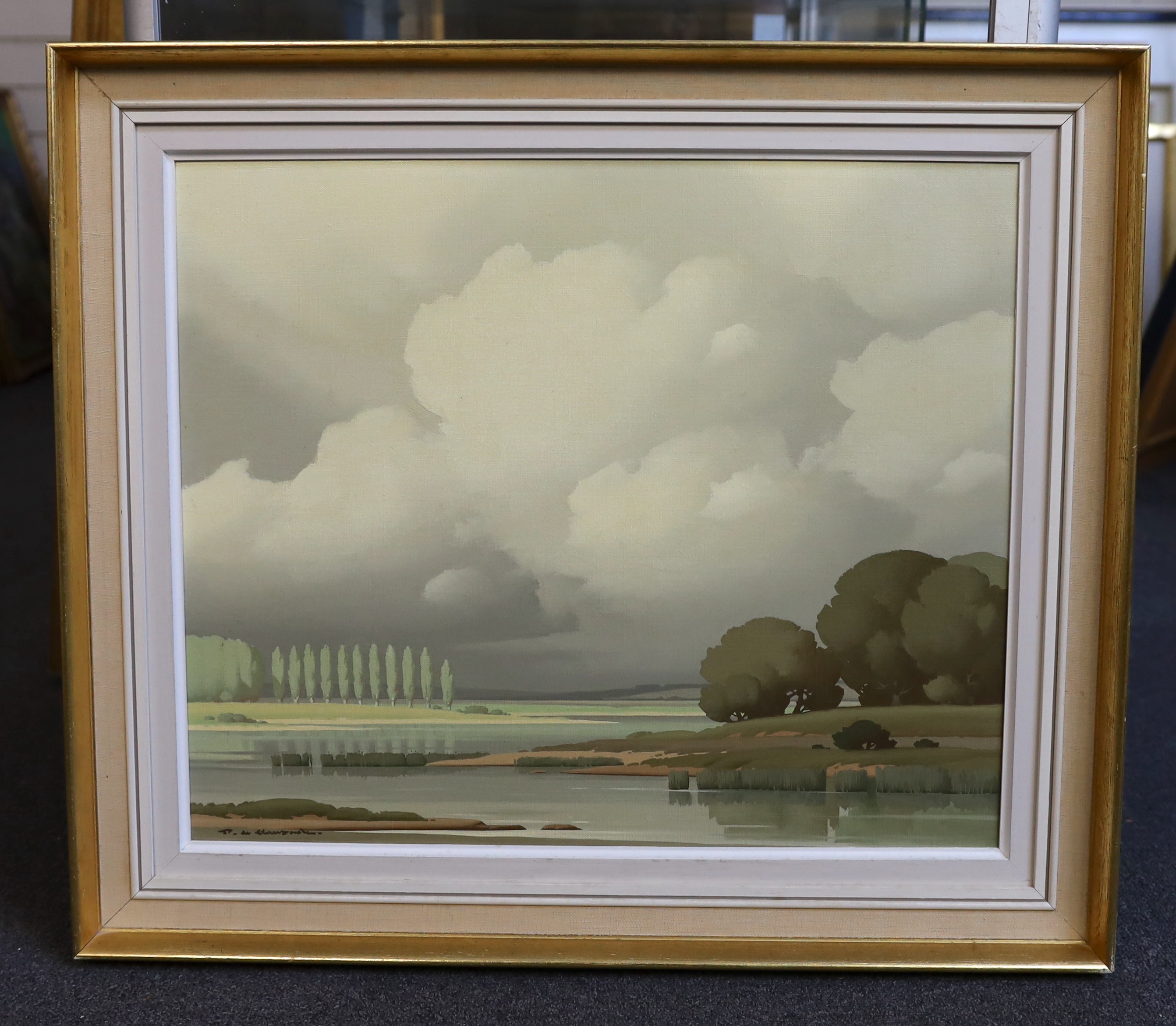 Pierre de Clausades (French, 1910–1976), River landscape with poplar trees, oil on canvas, 45 x 54cm